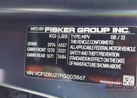 2023 Fisker Ocean One from USA, damaged, VIN VCF1ZBU27PG003867